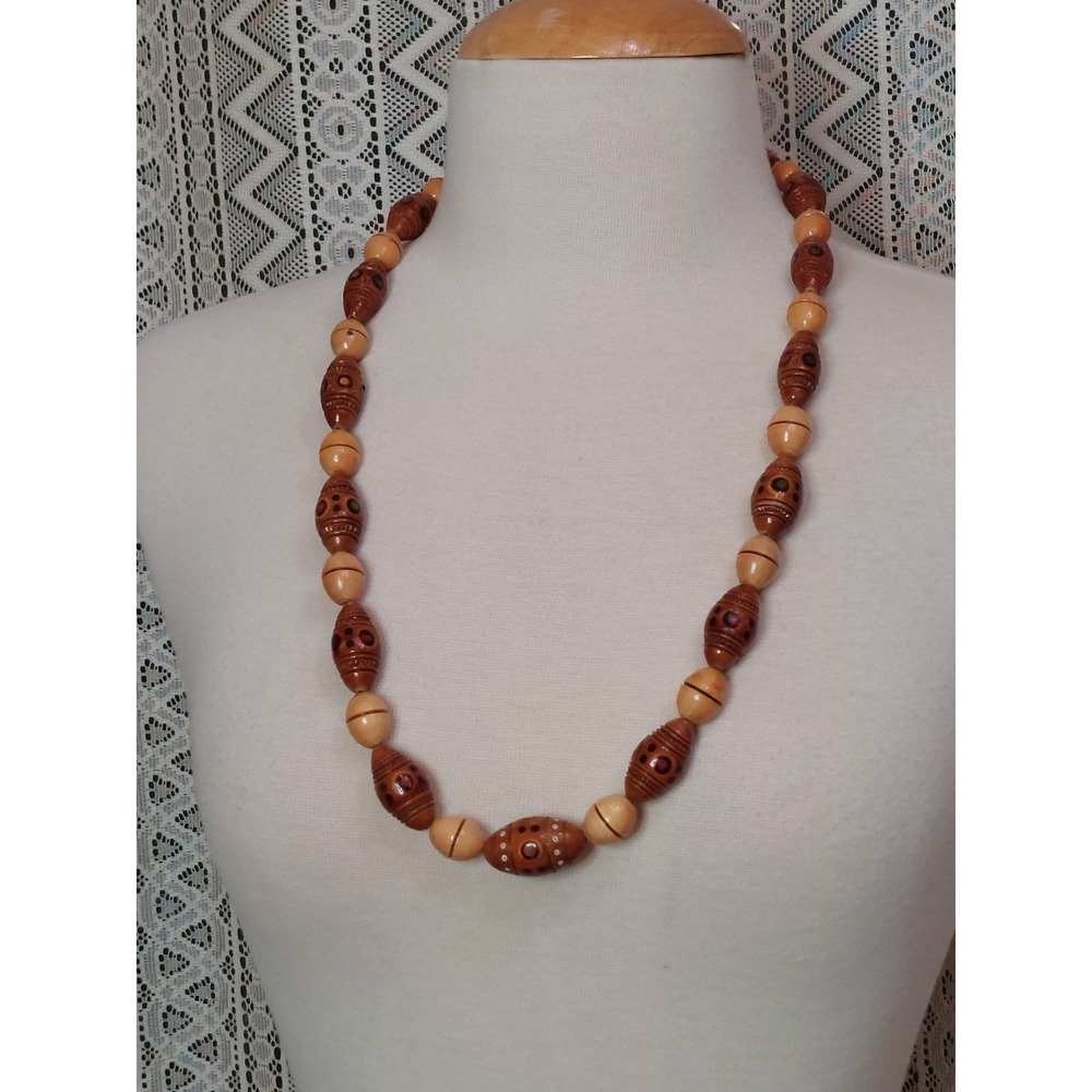 1970s Carved Wood Bead Necklace Boho Folk Art Ethnic Statement Vintage Chunky